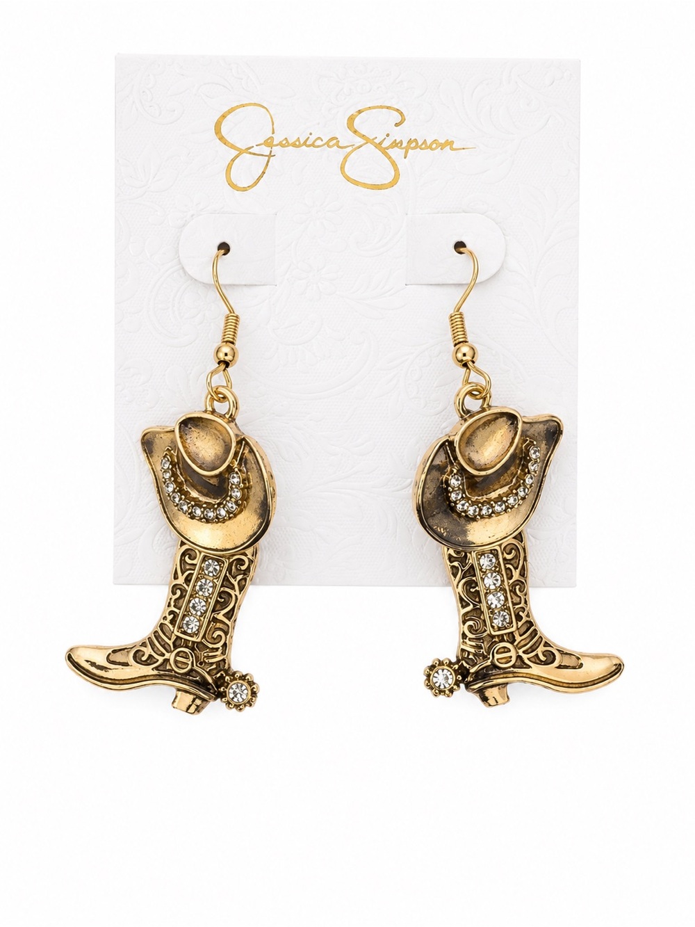 Jessica Simpson Gold Pave Crystal Cowboy Boot Dangle Earrings NWT